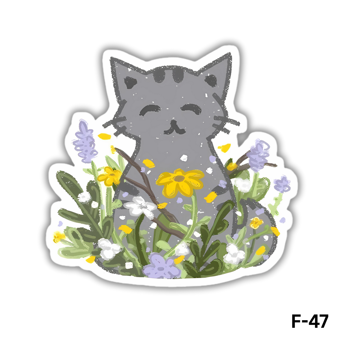 Grey Cat with Wildflowers(F-47)